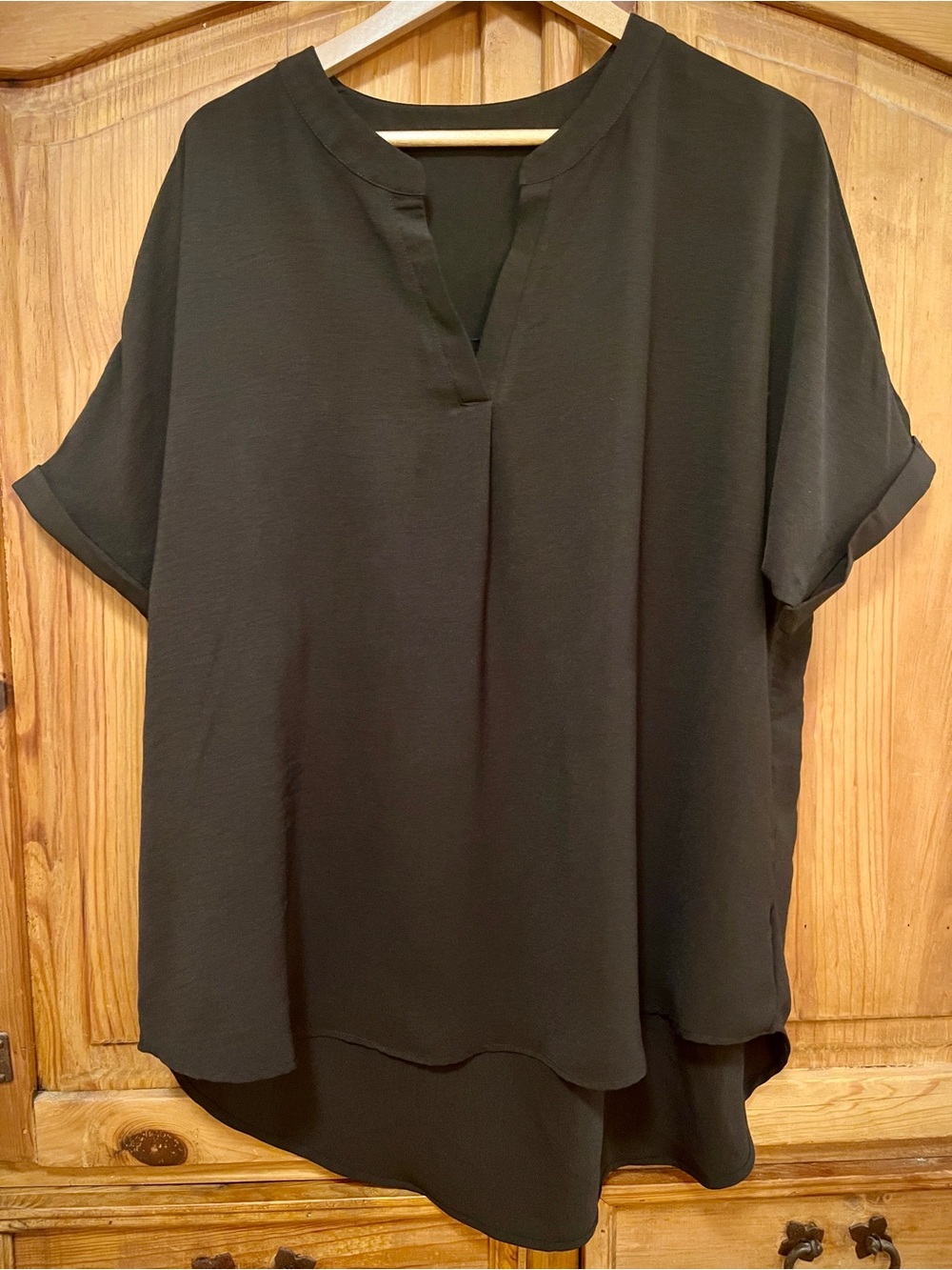 Classic Black Split-Neck Short Sleeve Blouse